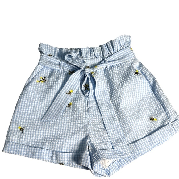 English Factory Blue High Waist Shorts with Floral Embroidery Size 6 - Picture 1 of 6